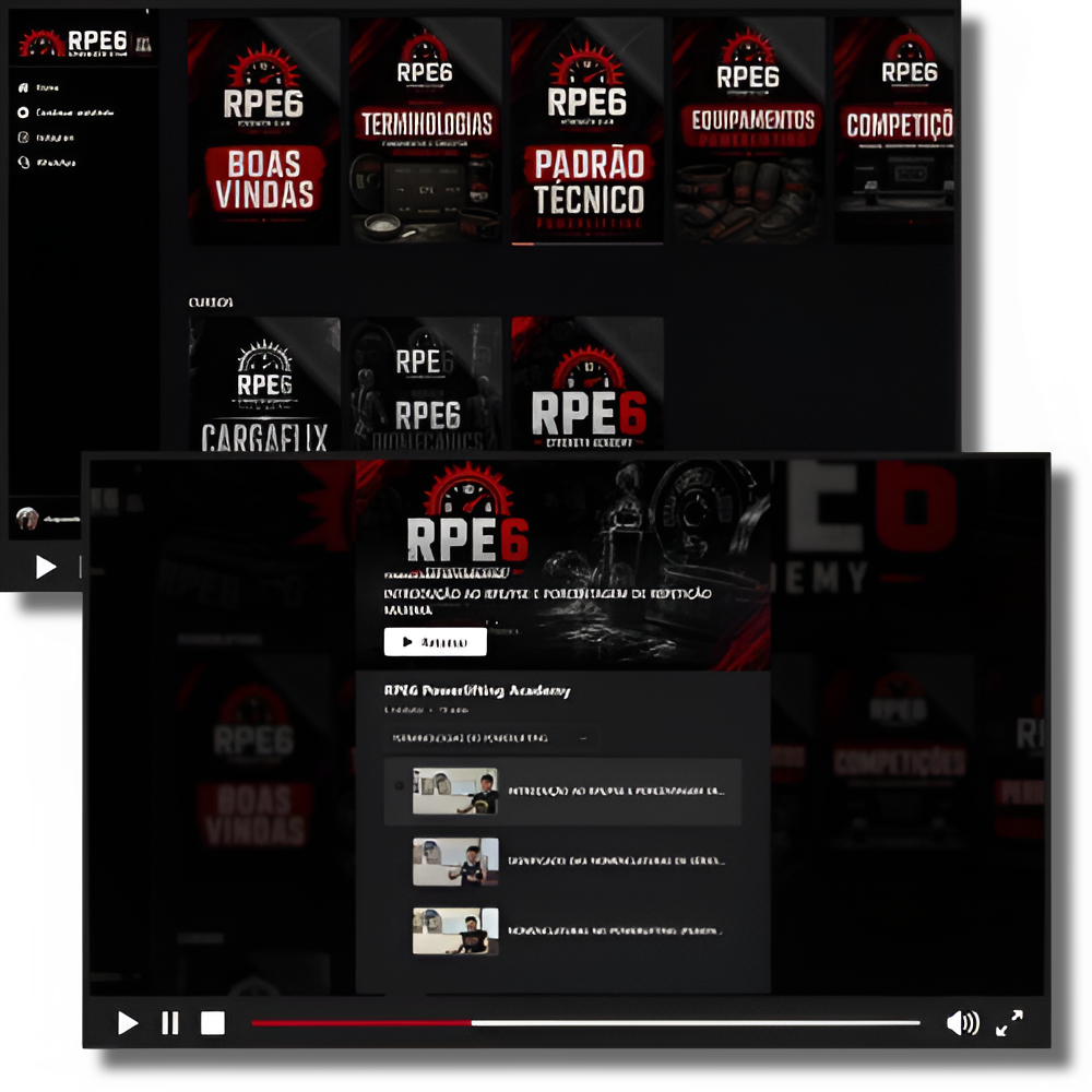 Visão geral da plataforma RPE6 Strength Academy com módulos e aulas em vídeo